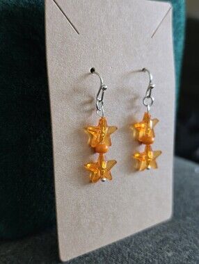 Handmade Orange Star Dangle Earrings with Bead Accent